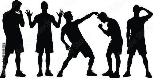 Black Silhouette Set of Young Men in Different Athletic Poses and Expressive Body Language Movements Isolated on White Background for Fitness and Men Lifestyle Designs
