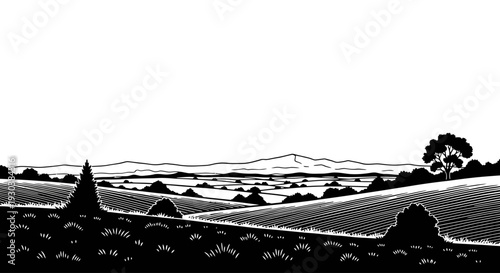 Black and white vector illustration of a serene rural landscape with rolling hills, cultivated fields, distant mountains, and scattered trees.