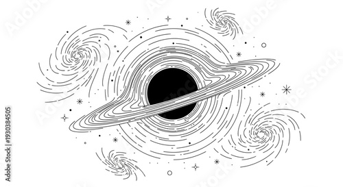 Abstract line art illustration of a cosmic black hole with swirling accretion disk, surrounded by spiral galaxies and stars in space.