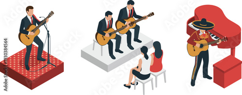 Isometric musicians playing acoustic guitar set, mariachi band performance, live music concert scene, flat vector illustration collection