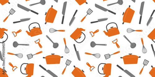 調理器具のイラストのシームレス背景画像。（Seamless background image of illustrations of cooking utensils.）

