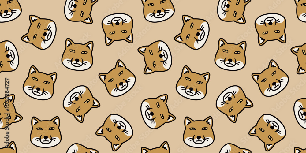 Obraz premium チベットスナギツネの顔のシームレスパターン シュールでかわいい総柄イラスト Tibetan Sand Fox Face Seamless Pattern Cute Funny Animal Background 