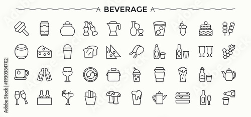 Beverage line icon set. Juice icon. Icons for UI design. Containing champagne, cocktail, coffee, wine, soda, drink and more. Vector illustration in modern line style.