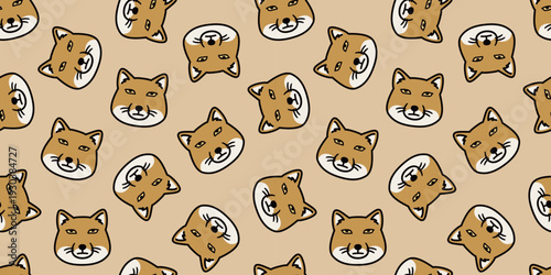 チベットスナギツネの顔のシームレスパターン シュールでかわいい総柄イラスト　Tibetan Sand Fox Face Seamless Pattern Cute Funny Animal Background
