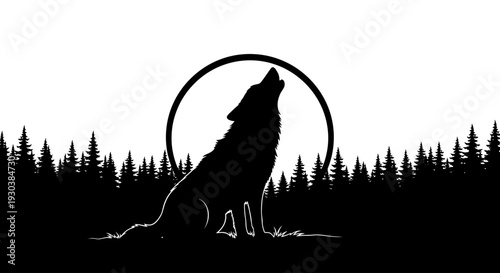 Black silhouette of a wolf howling at a full moon against a pine forest backdrop. Wild animal, wilderness, nocturnal nature scene.
