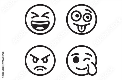 Four black and white emoji faces displaying different expressions