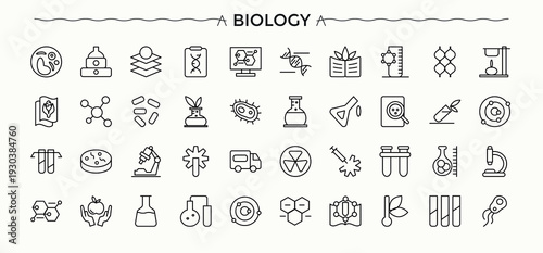 Biology icon set. Thin line icons set. Pixel perfect. Vector illustration. Laboratory icon collection. Pack of science, scientific, chemistry, technology, experiment, lab and more.