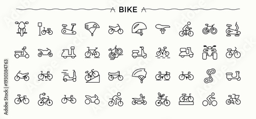 Bike simple icon set. Contains such icons as bicycle, cycle, transport, vehicle and more. Vehicle icon collection. Outline icons collection. Editable stroke. Vector collection.
