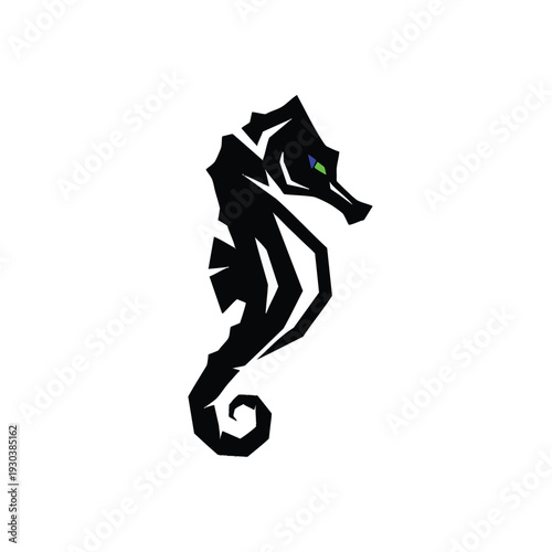 Stylized Black Seahorse with Green Eye on White Background.
