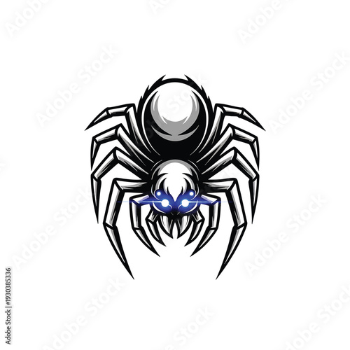 Intense Spider Illustration with Glowing Blue Eyes on White Background.