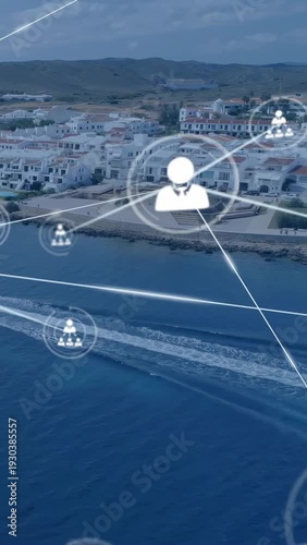 Vertical video: Boat wake starting icons fading, icon sending lines, camera moving, mapping links