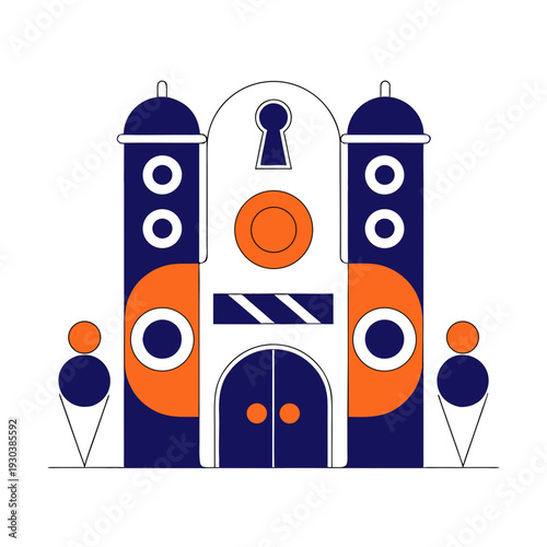 A colorful building with a keyhole on the front