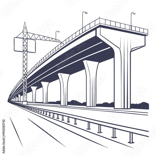 A long bridge with pillars and a railing