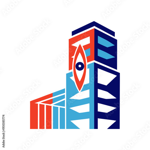 A logo with a building and an eye