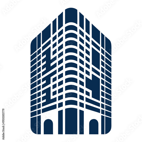 A blue and white building with many windows