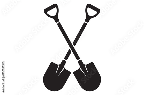 Two black silhouettes of crossed shovels against a white background