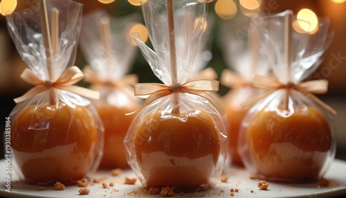 Group of candied apples with caramel coating individually wrapped in clear plastic with ribbons. Sweet treats served on white plate, festive holiday dessert.