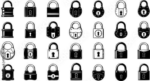 Collection of diverse padlock icons in black and white vector style. Set includes various security lock designs, from vintage to modern, with keyholes, symbolizing safety and protection.