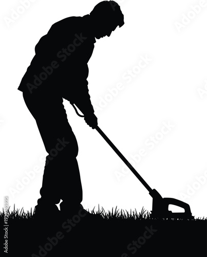 Black Silhouette Vector of Man Mowing Lawn with Grass Trimmer Isolated on White Background for Gardening Landscaping Services and Outdoor Yard Maintenance Design