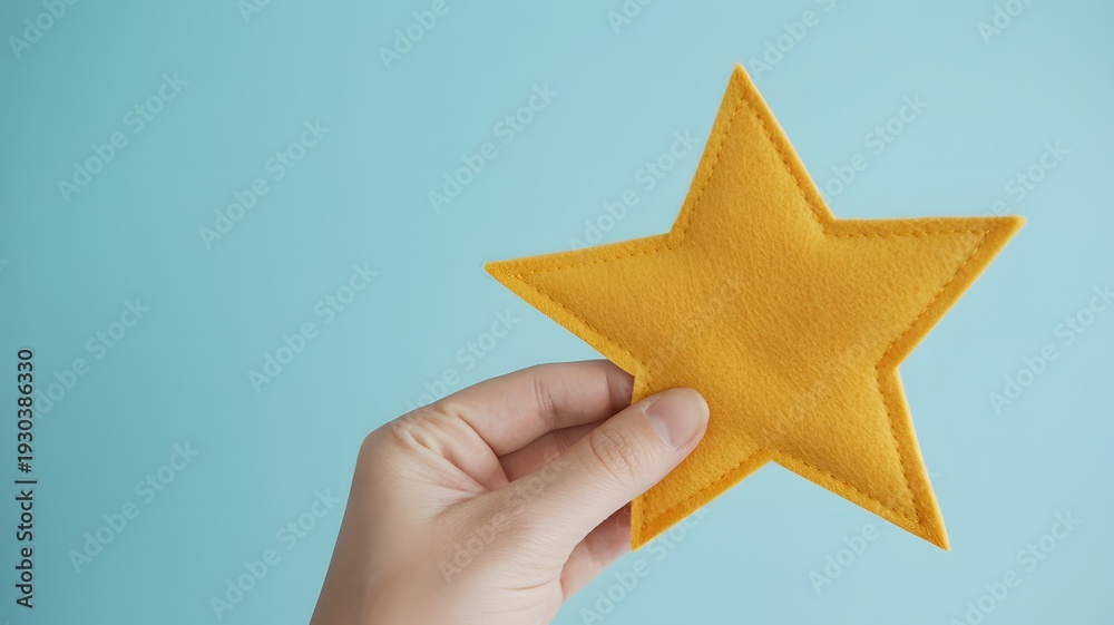Obraz premium Hand Holding Golden Star on Blue Background Representing Achievement, Success, Rating Concept, Excellence Award and Positive Feedback Symbol