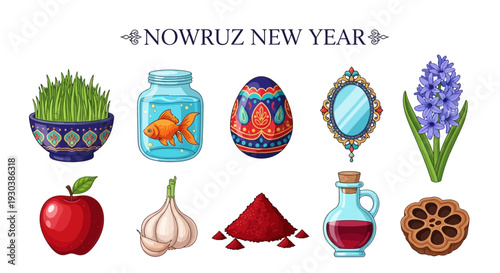 Nowruz New Year HaftSin table items illustrated in a row