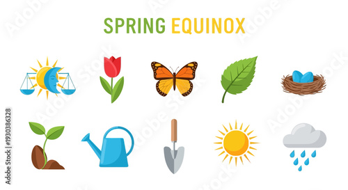 Spring Equinox icons featuring celestial balance flora fauna and garden tools
