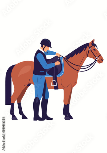 Equestrian man tacking up horse with english saddle