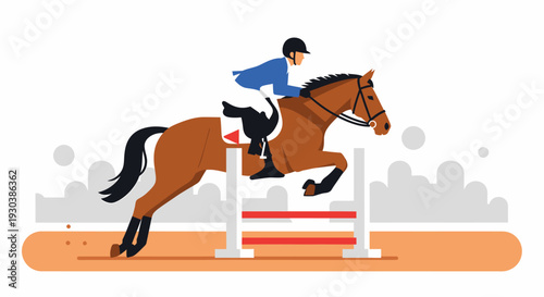 Professional rider jumping over red and white hurdle in competition