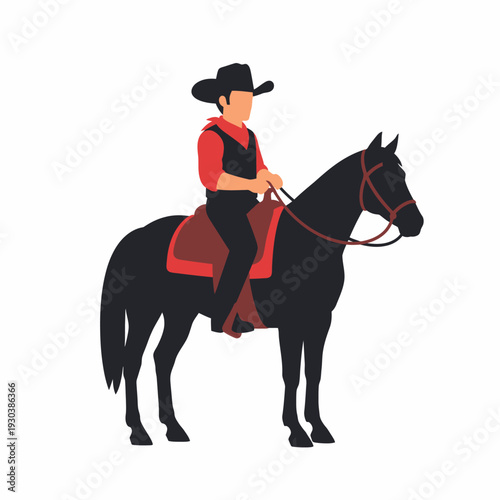 American cowboy in traditional hat and red shirt on black horse