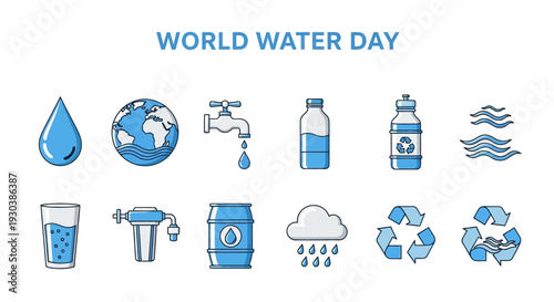 World Water Day icons depicting water conservation purity and recycling concepts