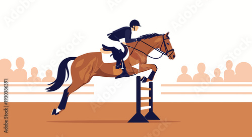 Equestrian athlete clearing a jump during professional show jumping event