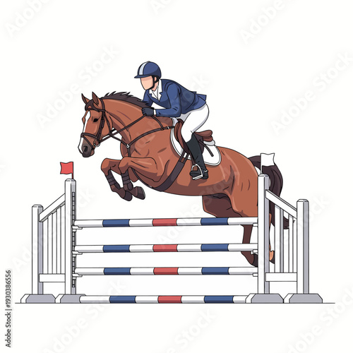 Professional equestrian athlete jumping over hurdle on bay horse