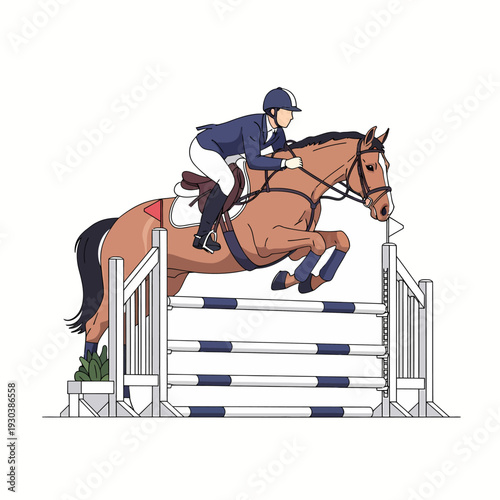 Equestrian rider and horse clearing a blue and white striped jump