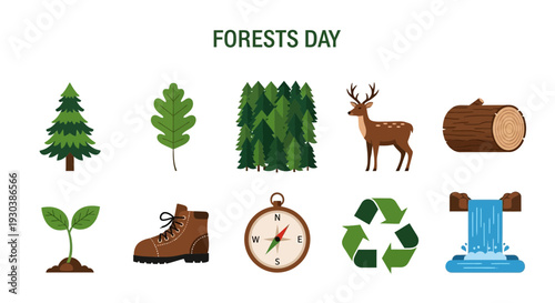 Forest Day graphic featuring trees wildlife hiking gear compass recycling and waterfall icons