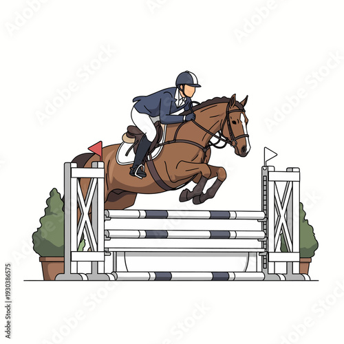 Equestrian rider and horse clearing a high vertical jump fence