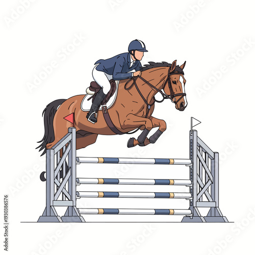 Show jumping horse and rider mid air over stadium jump