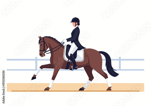 Professional dressage rider practicing refined gait on bay horse