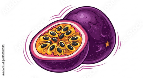 Vibrant purple passion fruit cut open revealing orange pulp and black seeds isolated on white background digital illustration fresh and healthy tropical fruit