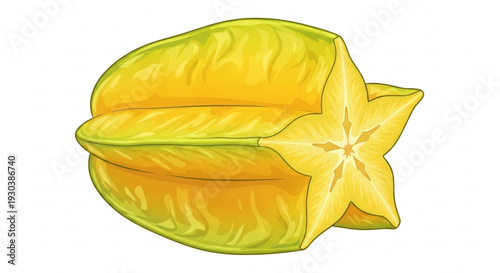 Starfruit sliced open showing yellow interior and green skin texture on white background