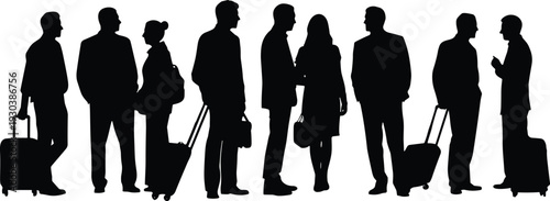 Black Silhouette Vector Set of Business Travelers Standing with Suitcases and Luggage Bags Isolated on White Background for Airport Terminal and Global Travel Design