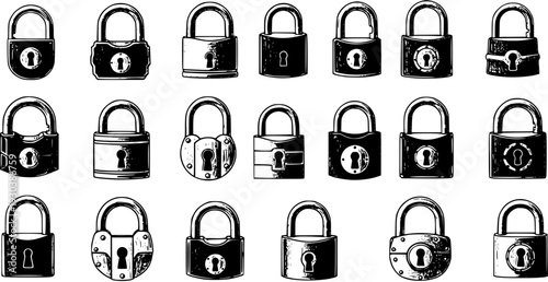 Black and White Illustration of Various Padlock Designs, Security and Protection Concept