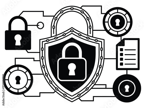 Cybersecurity Concepts Design, futuristic online security solution vector illustration showing digital shield protection, cyber threat monitoring system, encrypted data network, privacy safe technolog