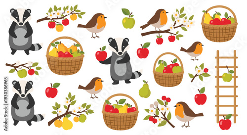 Charming Woodland Creatures and Autumn Harvest Elements Featuring Badgers and Robins Amidst Apples and Pears