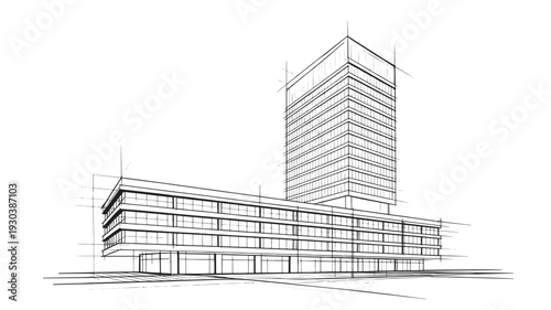 Modern office building in wireframe style with sleek lines and minimalist design in monochrome grayscale for architectural visualization