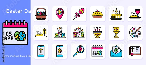 Easter Celebration Icons Set – Eggs, Basket, Cake, Church Symbols, Food and Egg Hunt