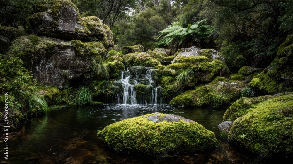 Fototapeta premium Gentle cascade of clear water flowing over moss-covered rocks in a lush, serene forest environment