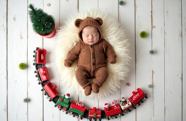 Newborn baby slepic in a bear costume on fluffy white rug. Toy train with Santa and candy canes circles infant. Small fir tree accents holiday theme. Festive background for baby photos.
