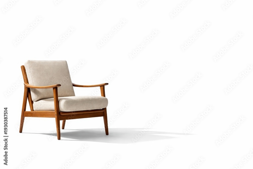 Obraz premium Studio photo retro wooden armchair three quarter front view far left with long diagonal shadow isolated on white copy space