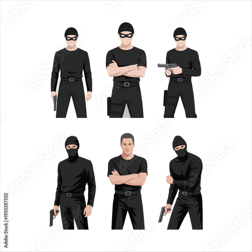 Six masked figures in black clothing holding guns criminal