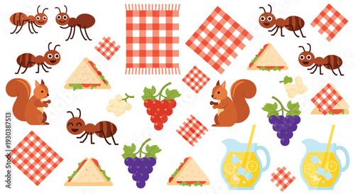 A delightful picnic scene with ants and squirrels enjoying sandwiches and drinks on a checkered blanket